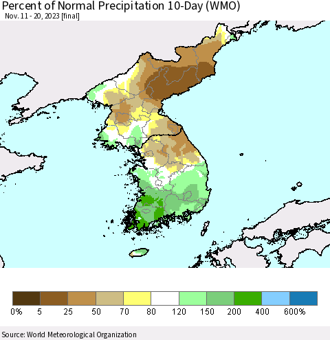 Korea Percent of Normal Precipitation 10-Day (WMO) Thematic Map For 11/11/2023 - 11/20/2023