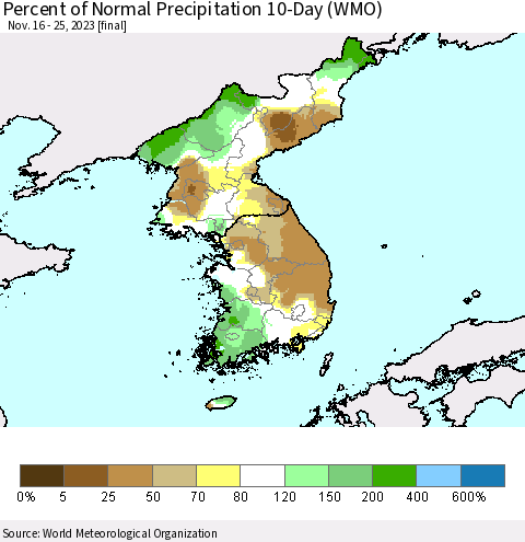 Korea Percent of Normal Precipitation 10-Day (WMO) Thematic Map For 11/16/2023 - 11/25/2023