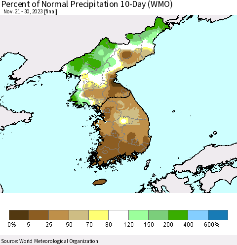 Korea Percent of Normal Precipitation 10-Day (WMO) Thematic Map For 11/21/2023 - 11/30/2023