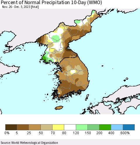 Korea Percent of Normal Precipitation 10-Day (WMO) Thematic Map For 11/26/2023 - 12/5/2023
