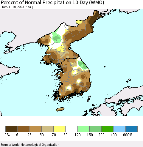 Korea Percent of Normal Precipitation 10-Day (WMO) Thematic Map For 12/1/2023 - 12/10/2023
