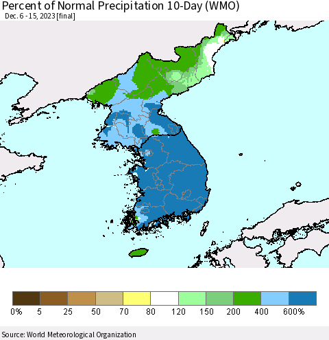 Korea Percent of Normal Precipitation 10-Day (WMO) Thematic Map For 12/6/2023 - 12/15/2023