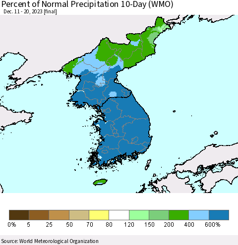 Korea Percent of Normal Precipitation 10-Day (WMO) Thematic Map For 12/11/2023 - 12/20/2023