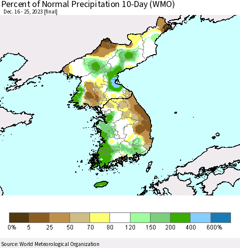 Korea Percent of Normal Precipitation 10-Day (WMO) Thematic Map For 12/16/2023 - 12/25/2023