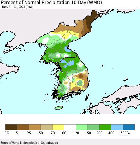 Korea Percent of Normal Precipitation 10-Day (WMO) Thematic Map For 12/21/2023 - 12/31/2023