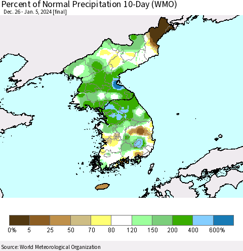 Korea Percent of Normal Precipitation 10-Day (WMO) Thematic Map For 12/26/2023 - 1/5/2024