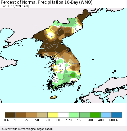 Korea Percent of Normal Precipitation 10-Day (WMO) Thematic Map For 1/1/2024 - 1/10/2024