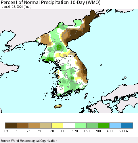 Korea Percent of Normal Precipitation 10-Day (WMO) Thematic Map For 1/6/2024 - 1/15/2024