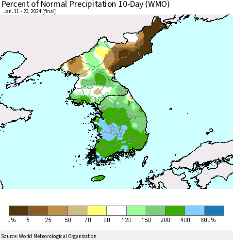 Korea Percent of Normal Precipitation 10-Day (WMO) Thematic Map For 1/11/2024 - 1/20/2024