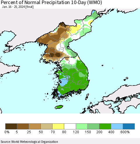 Korea Percent of Normal Precipitation 10-Day (WMO) Thematic Map For 1/16/2024 - 1/25/2024
