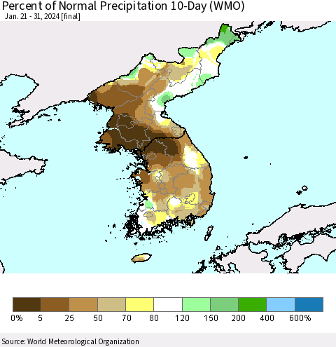 Korea Percent of Normal Precipitation 10-Day (WMO) Thematic Map For 1/21/2024 - 1/31/2024