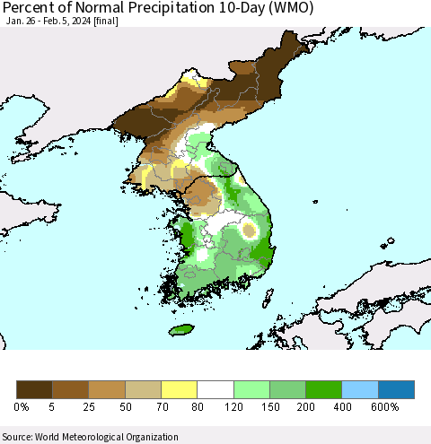 Korea Percent of Normal Precipitation 10-Day (WMO) Thematic Map For 1/26/2024 - 2/5/2024