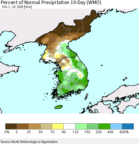 Korea Percent of Normal Precipitation 10-Day (WMO) Thematic Map For 2/1/2024 - 2/10/2024
