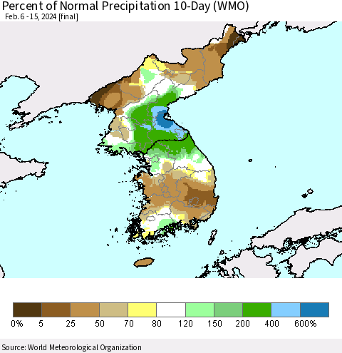 Korea Percent of Normal Precipitation 10-Day (WMO) Thematic Map For 2/6/2024 - 2/15/2024