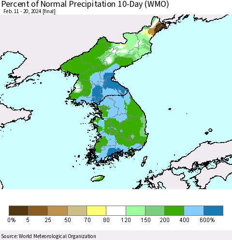 Korea Percent of Normal Precipitation 10-Day (WMO) Thematic Map For 2/11/2024 - 2/20/2024
