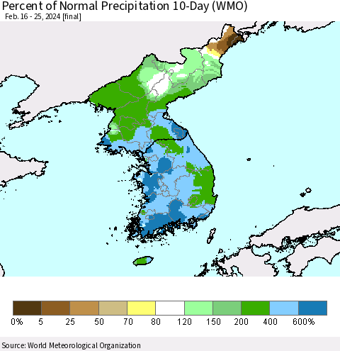 Korea Percent of Normal Precipitation 10-Day (WMO) Thematic Map For 2/16/2024 - 2/25/2024