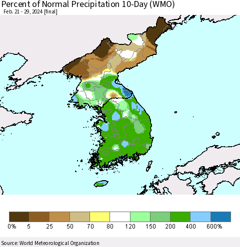 Korea Percent of Normal Precipitation 10-Day (WMO) Thematic Map For 2/21/2024 - 2/29/2024