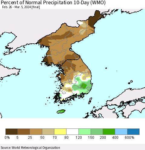 Korea Percent of Normal Precipitation 10-Day (WMO) Thematic Map For 2/26/2024 - 3/5/2024