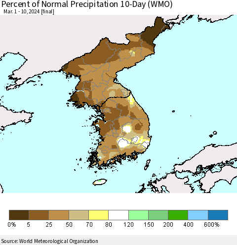 Korea Percent of Normal Precipitation 10-Day (WMO) Thematic Map For 3/1/2024 - 3/10/2024