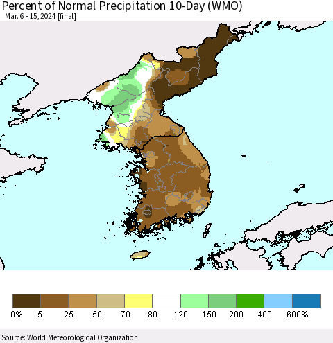 Korea Percent of Normal Precipitation 10-Day (WMO) Thematic Map For 3/6/2024 - 3/15/2024