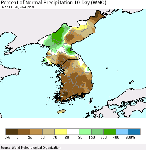 Korea Percent of Normal Precipitation 10-Day (WMO) Thematic Map For 3/11/2024 - 3/20/2024