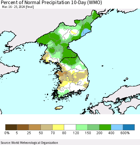 Korea Percent of Normal Precipitation 10-Day (WMO) Thematic Map For 3/16/2024 - 3/25/2024