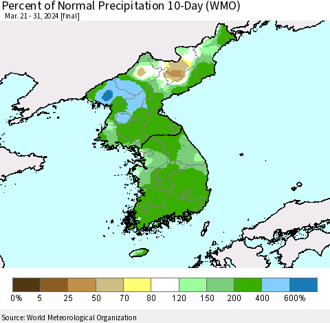 Korea Percent of Normal Precipitation 10-Day (WMO) Thematic Map For 3/21/2024 - 3/31/2024