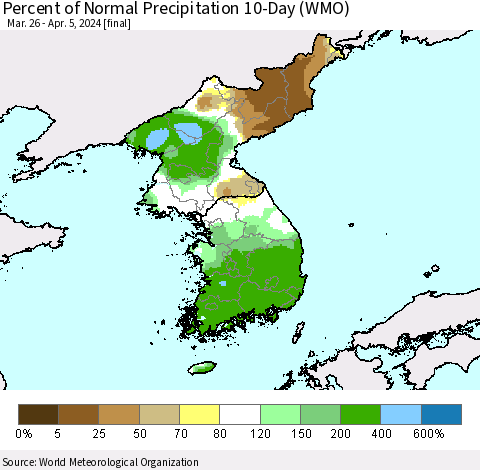 Korea Percent of Normal Precipitation 10-Day (WMO) Thematic Map For 3/26/2024 - 4/5/2024