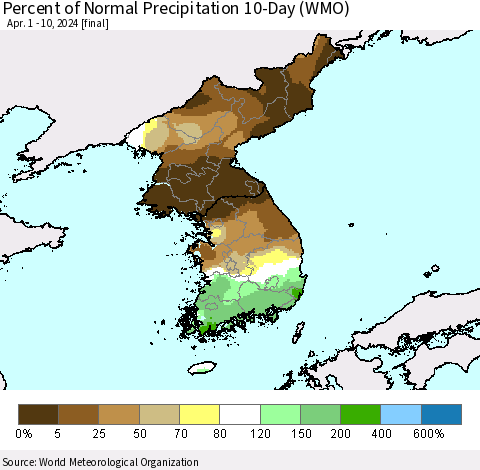 Korea Percent of Normal Precipitation 10-Day (WMO) Thematic Map For 4/1/2024 - 4/10/2024