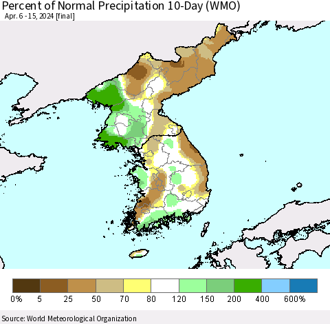 Korea Percent of Normal Precipitation 10-Day (WMO) Thematic Map For 4/6/2024 - 4/15/2024