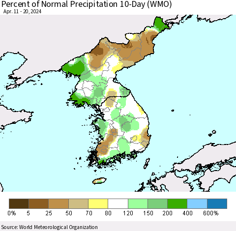 Korea Percent of Normal Precipitation 10-Day (WMO) Thematic Map For 4/11/2024 - 4/20/2024