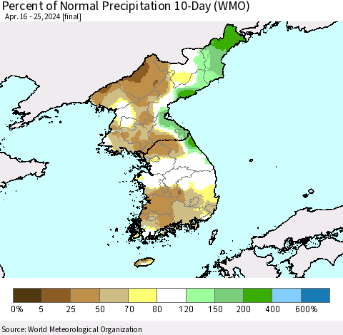 Korea Percent of Normal Precipitation 10-Day (WMO) Thematic Map For 4/16/2024 - 4/25/2024