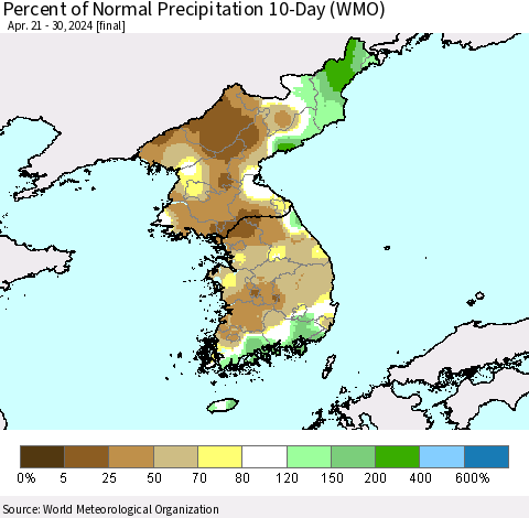 Korea Percent of Normal Precipitation 10-Day (WMO) Thematic Map For 4/21/2024 - 4/30/2024