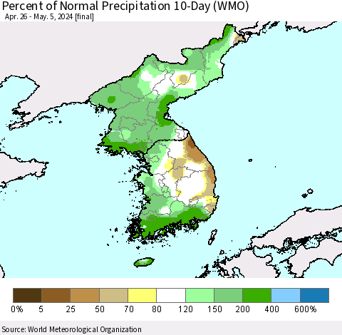 Korea Percent of Normal Precipitation 10-Day (WMO) Thematic Map For 4/26/2024 - 5/5/2024