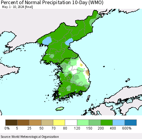 Korea Percent of Normal Precipitation 10-Day (WMO) Thematic Map For 5/1/2024 - 5/10/2024