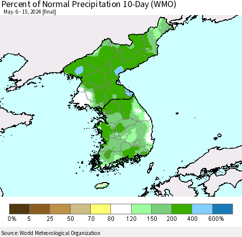 Korea Percent of Normal Precipitation 10-Day (WMO) Thematic Map For 5/6/2024 - 5/15/2024