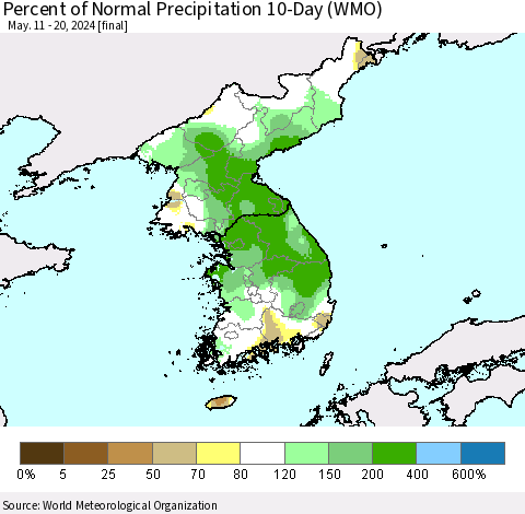 Korea Percent of Normal Precipitation 10-Day (WMO) Thematic Map For 5/11/2024 - 5/20/2024