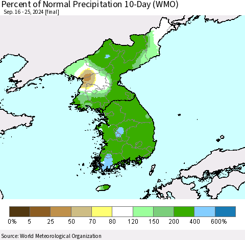Korea Percent of Normal Precipitation 10-Day (WMO) Thematic Map For 9/16/2024 - 9/25/2024