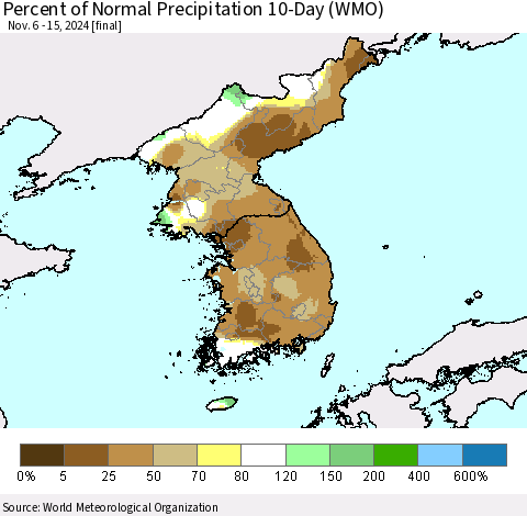 Korea Percent of Normal Precipitation 10-Day (WMO) Thematic Map For 11/6/2024 - 11/15/2024