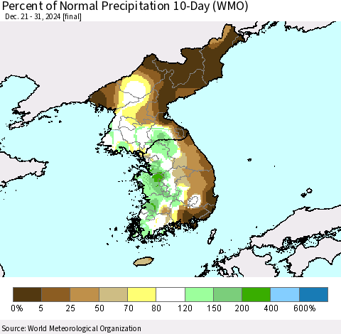 Korea Percent of Normal Precipitation 10-Day (WMO) Thematic Map For 12/21/2024 - 12/31/2024