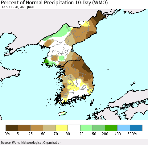 Korea Percent of Normal Precipitation 10-Day (WMO) Thematic Map For 2/11/2025 - 2/20/2025