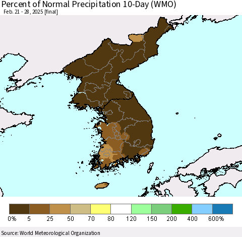 Korea Percent of Normal Precipitation 10-Day (WMO) Thematic Map For 2/21/2025 - 2/28/2025