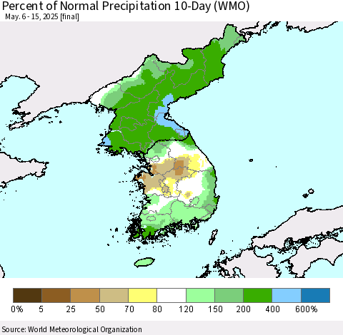 Korea Percent of Normal Precipitation 10-Day (WMO) Thematic Map For 5/6/2025 - 5/15/2025