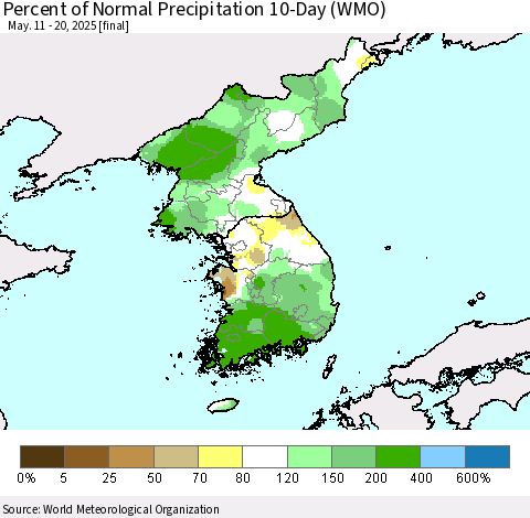 Korea Percent of Normal Precipitation 10-Day (WMO) Thematic Map For 5/11/2025 - 5/20/2025