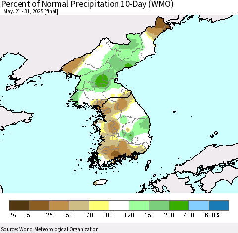 Korea Percent of Normal Precipitation 10-Day (WMO) Thematic Map For 5/21/2025 - 5/31/2025