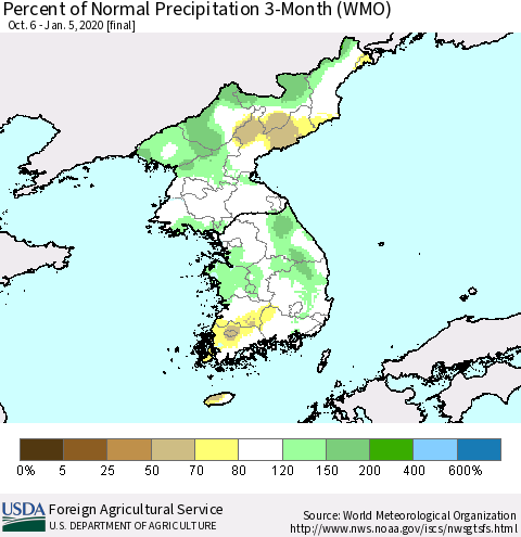 Korea Percent of Normal Precipitation 3-Month (WMO) Thematic Map For 10/6/2019 - 1/5/2020