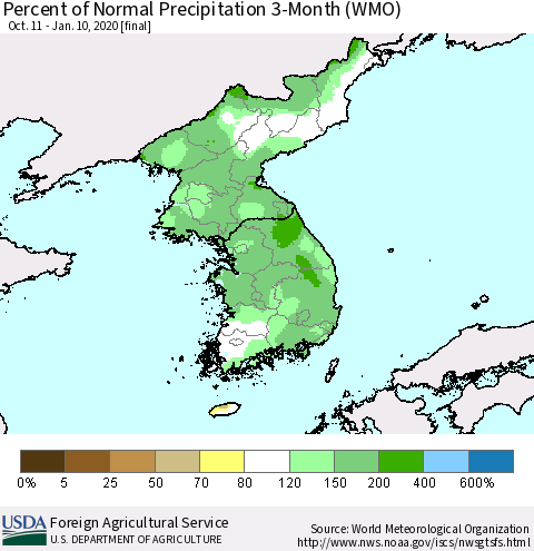 Korea Percent of Normal Precipitation 3-Month (WMO) Thematic Map For 10/11/2019 - 1/10/2020