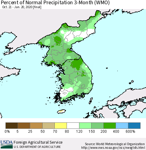 Korea Percent of Normal Precipitation 3-Month (WMO) Thematic Map For 10/21/2019 - 1/20/2020