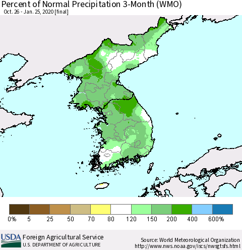 Korea Percent of Normal Precipitation 3-Month (WMO) Thematic Map For 10/26/2019 - 1/25/2020