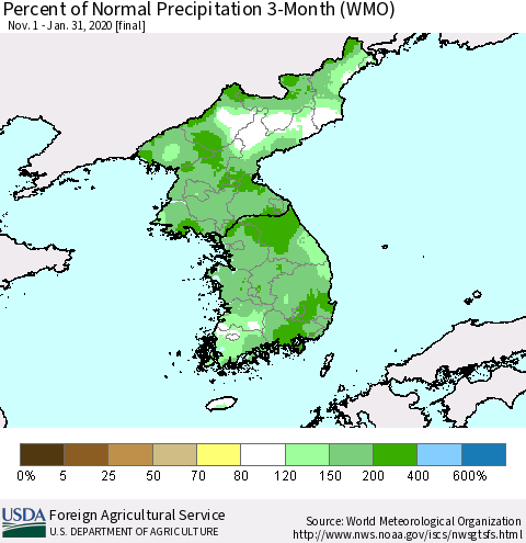 Korea Percent of Normal Precipitation 3-Month (WMO) Thematic Map For 11/1/2019 - 1/31/2020